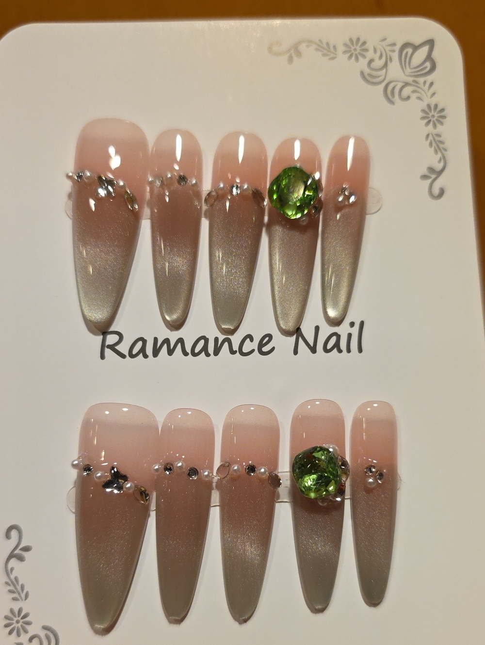 Pink Ombre Press-On Nails with Green Gem Accent Size Large